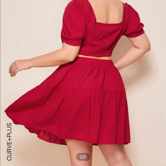 SHEIN Plus Red Sweetheart Neck Ruched Top & Drawstring Waist Skirt Set - Picture 2 of 2